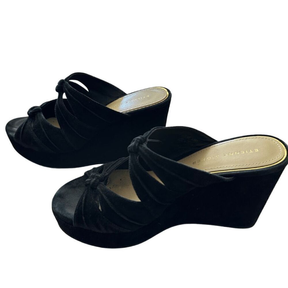 Etienne Aigner Womens Black Suede Desire Platform Wedge Heels Sandal Size 7.5